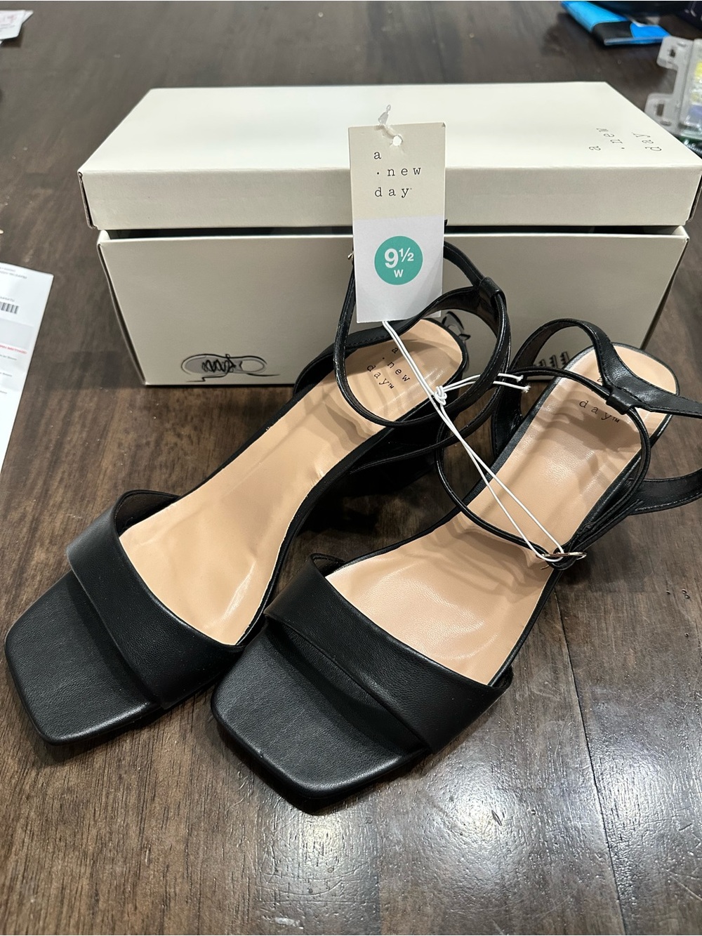 A New Day Women's Sonora Open Toe Sandals Block Heels Ankle Strap Black Sz 9.5W